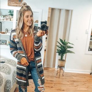 Long Striped Hooded Cardigan